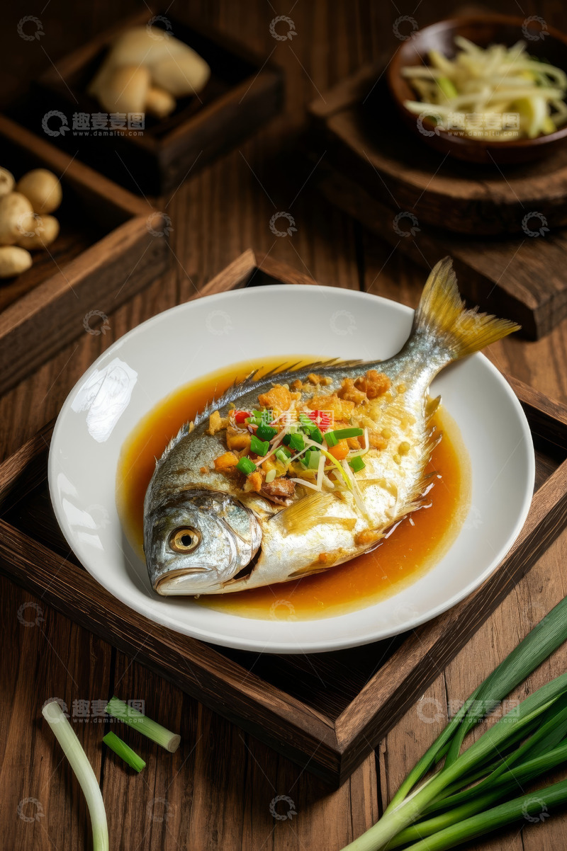 高清大图下载【趣麦麦图】盘中清蒸鱼搭配葱姜等佐料