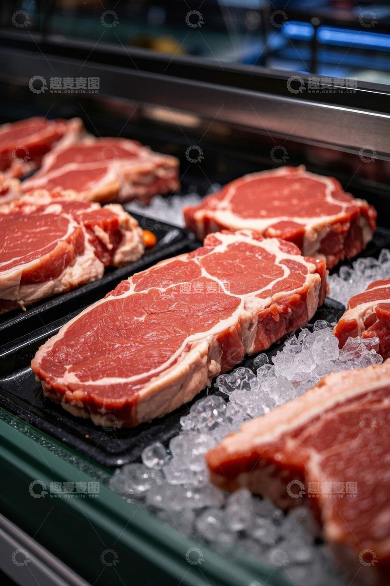 高清大图下载【趣麦麦图】冰柜中摆放的新鲜生牛排