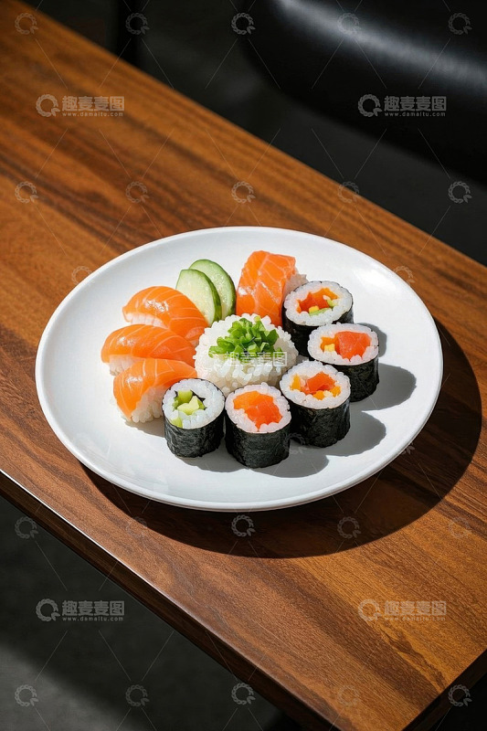 木桌上的寿司与三文鱼拼盘