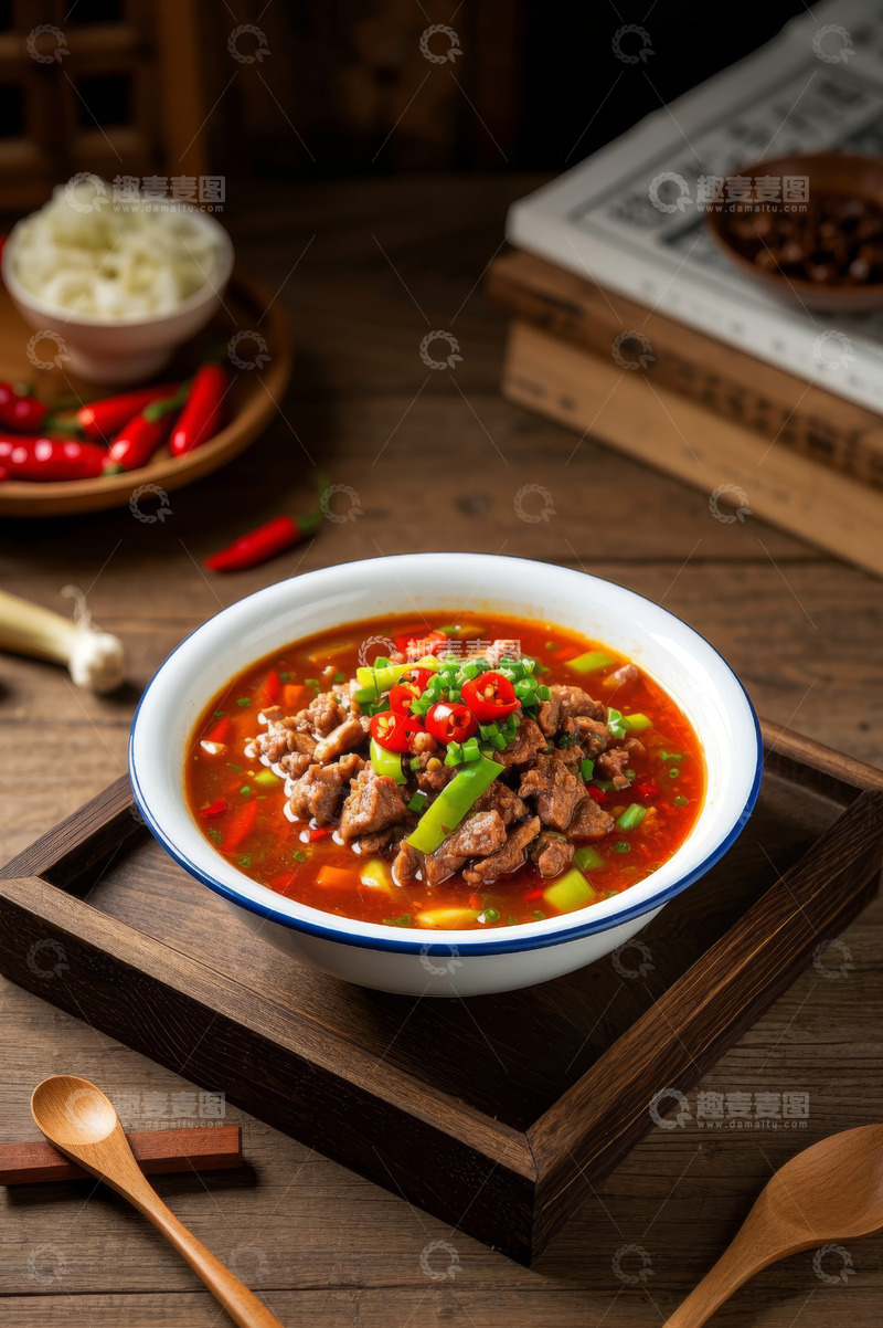 高清大图下载【趣麦麦图】木盘盛牛肉辣汤美食