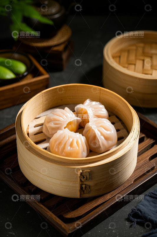 竹制蒸笼中的美味虾饺
