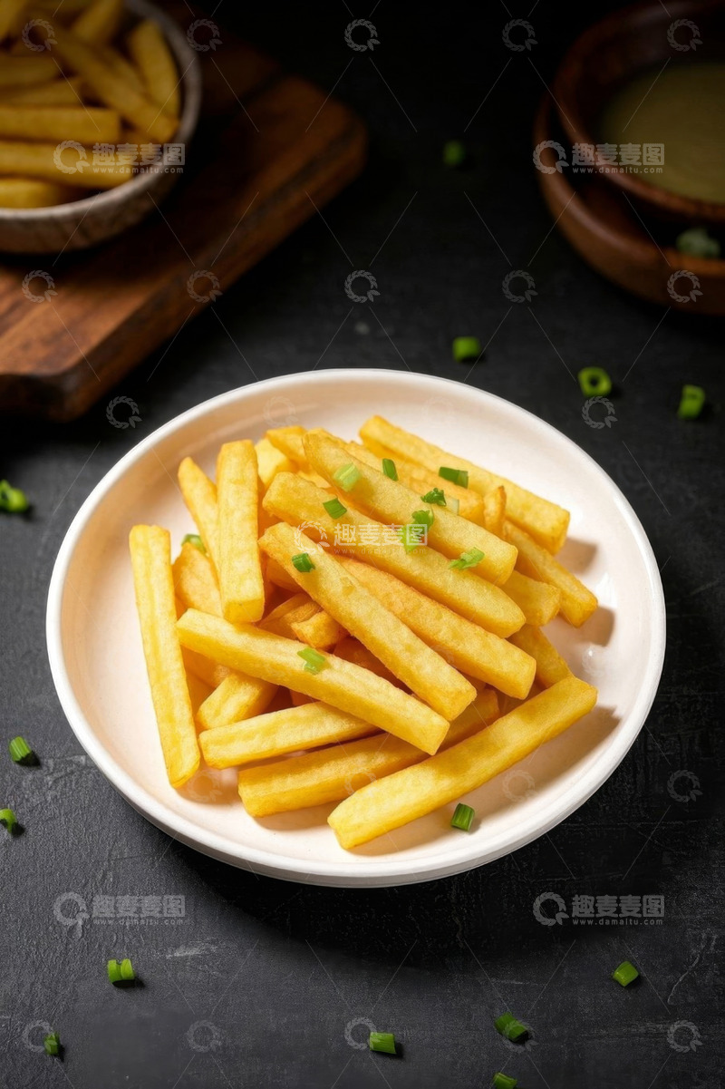 高清大图下载【趣麦麦图】白色盘子装的撒葱花油炸薯条