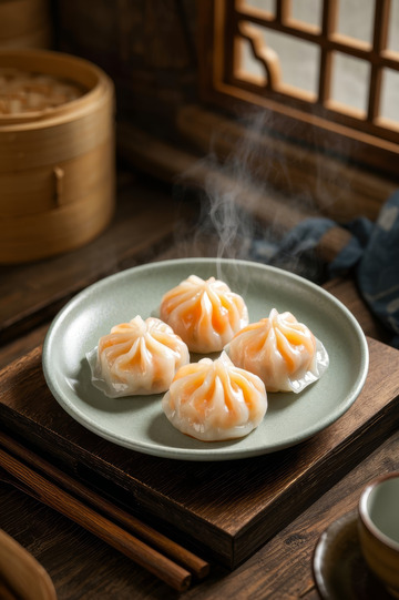 中式餐桌上的美味虾饺