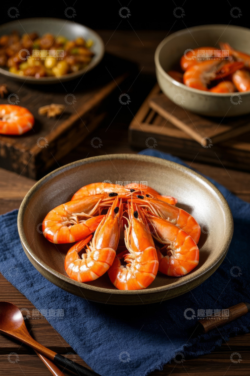 高清大图下载【趣麦麦图】木桌摆盘中的美味大虾