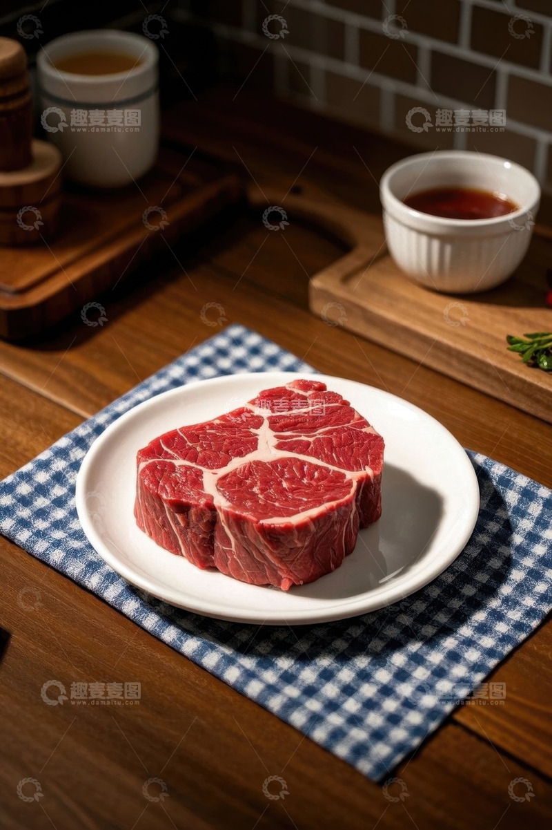 高清大图下载【趣麦麦图】盘中新鲜牛排与餐桌布置