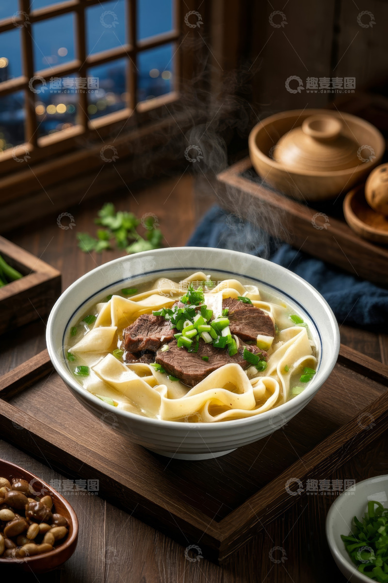 高清大图下载【趣麦麦图】窗边热气腾腾的牛肉面条
