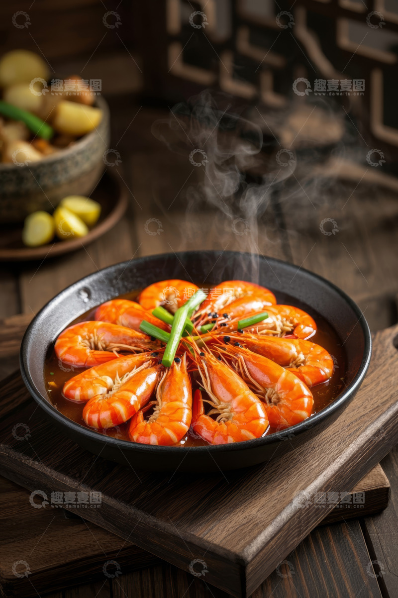高清大图下载【趣麦麦图】盘中热气腾腾的大虾美食