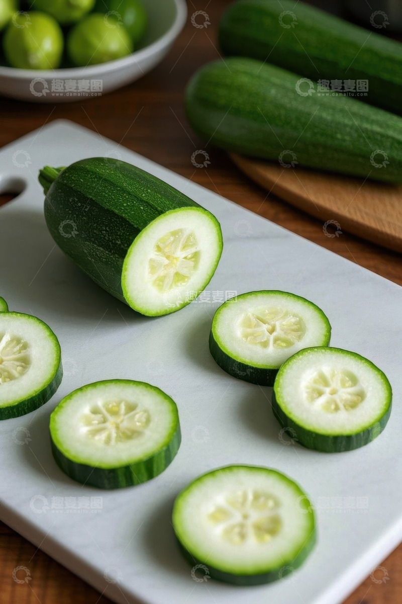 高清大图下载【趣麦麦图】砧板上切开的新鲜西葫芦