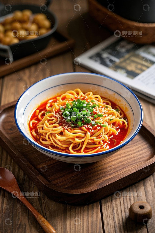 木盘上的一碗美味红油面条