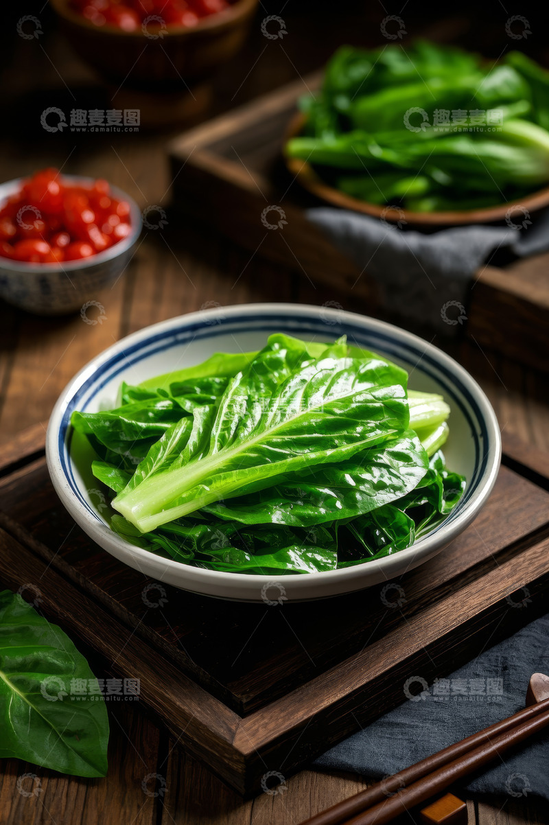 高清大图下载【趣麦麦图】木桌上碗装新鲜绿色蔬菜