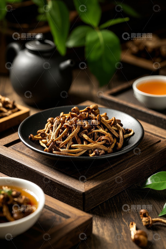 中式茶具旁的虫草花美食