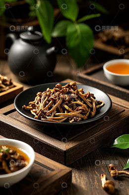 中式茶具旁的虫草花美食
