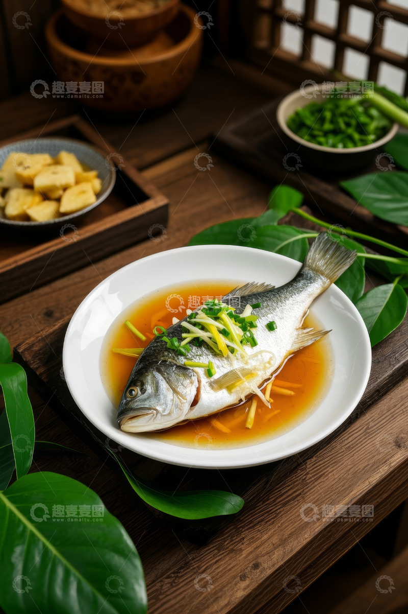 高清大图下载【趣麦麦图】中式摆盘清蒸鱼美食特写