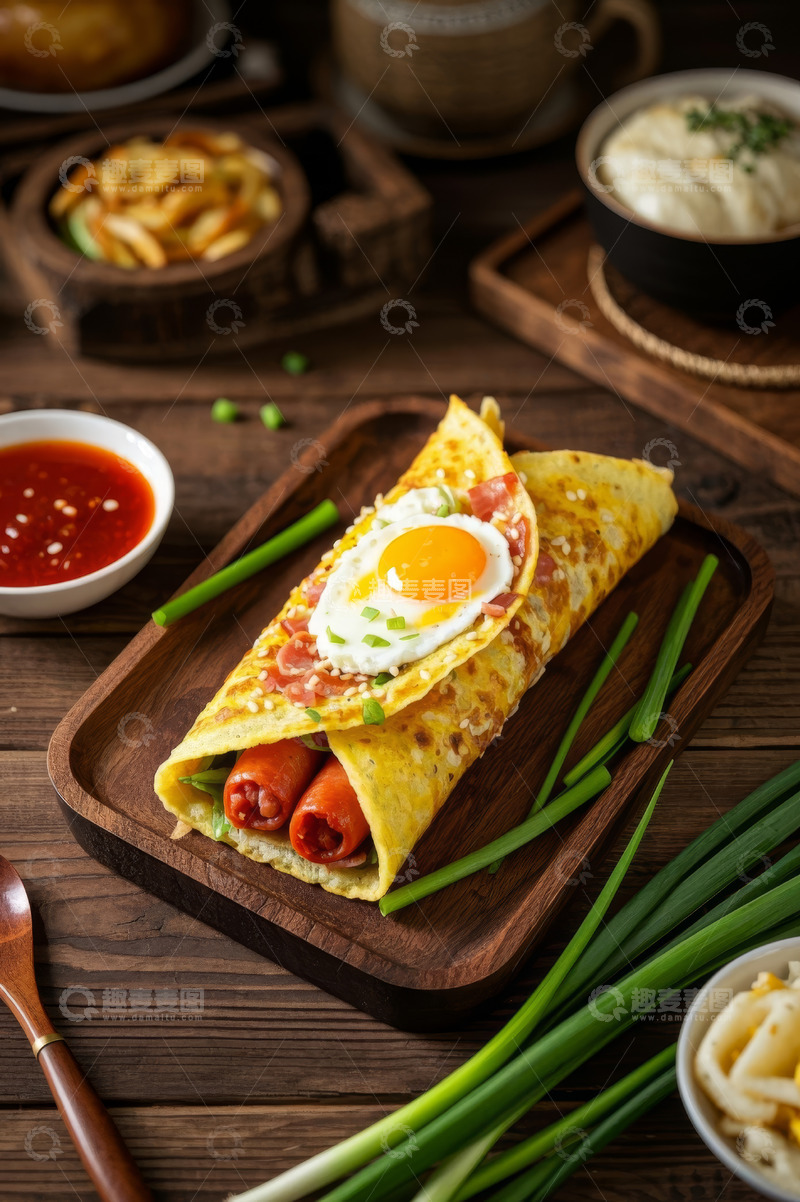 高清大图下载【趣麦麦图】木盘上的鸡蛋火腿煎饼美食