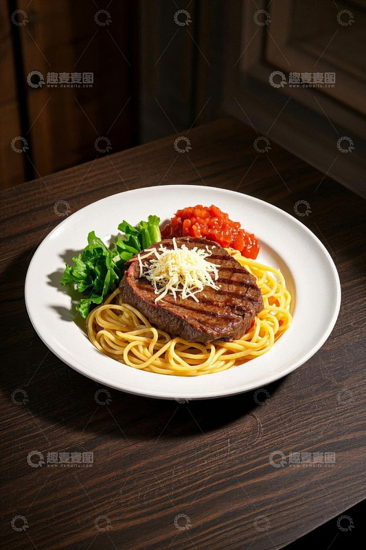 牛排意大利面美食摆盘