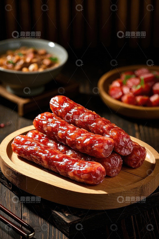木盘上摆放的美味中式香肠
