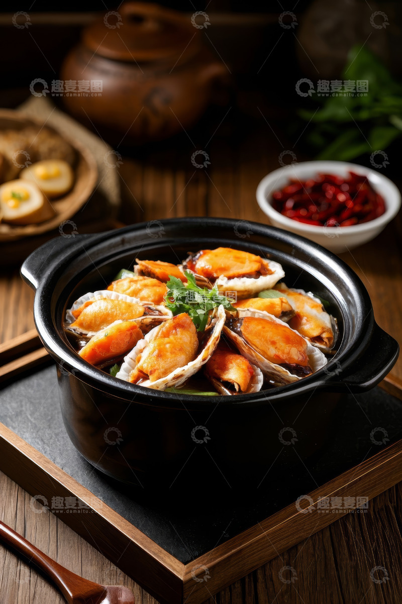 高清大图下载【趣麦麦图】砂锅盛装的美味海鲜菜肴