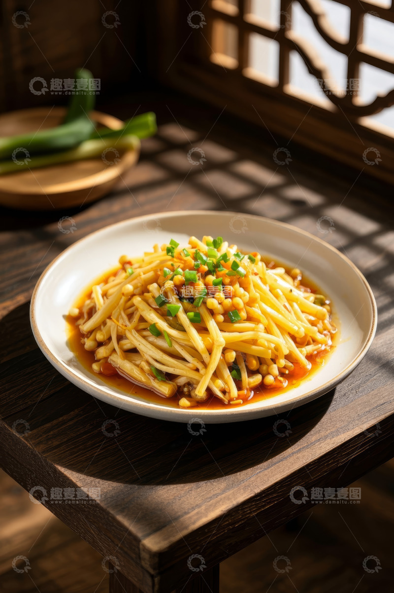 高清大图下载【趣麦麦图】中式餐桌上的美味金针菇菜肴