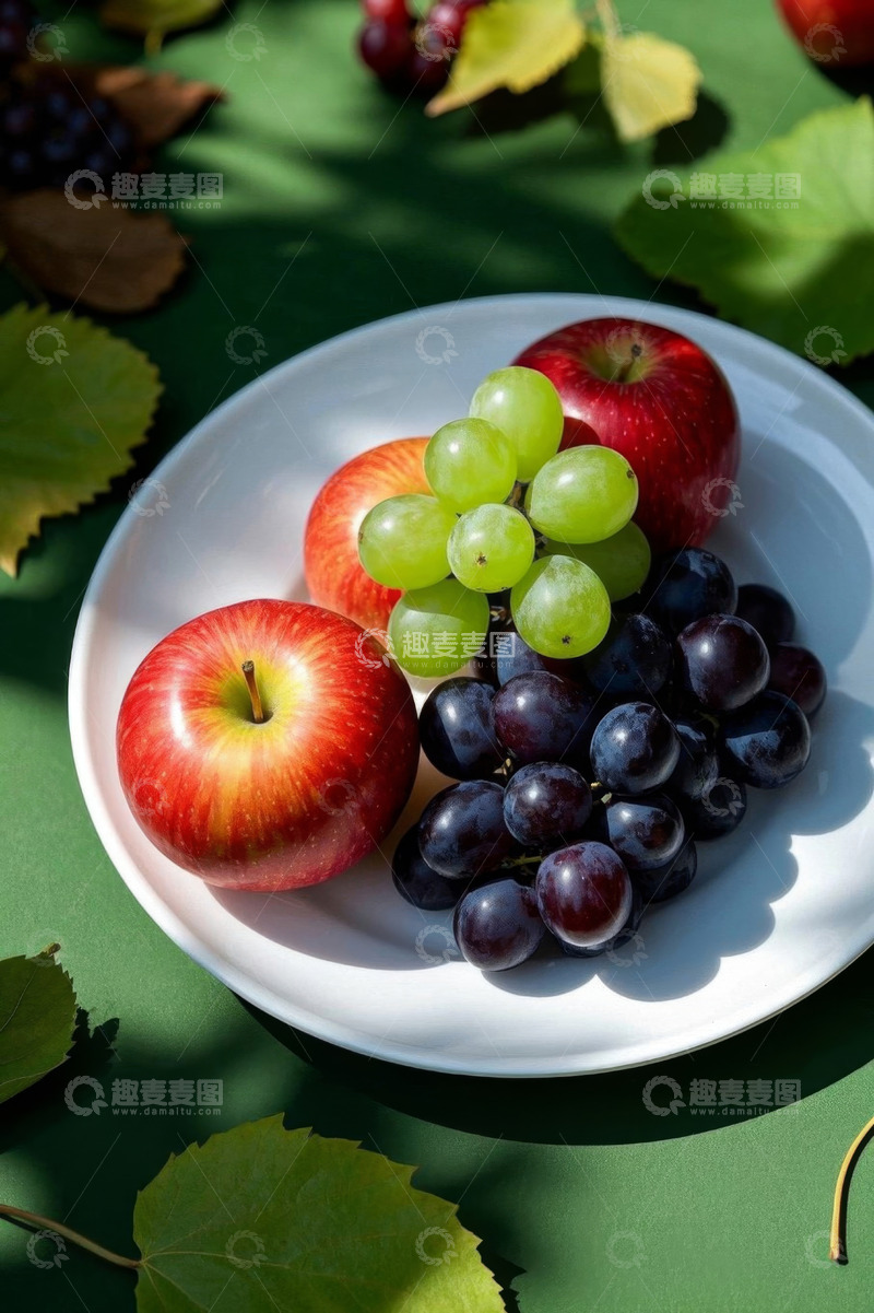 高清大图下载【趣麦麦图】白色盘中摆放的苹果与葡萄
