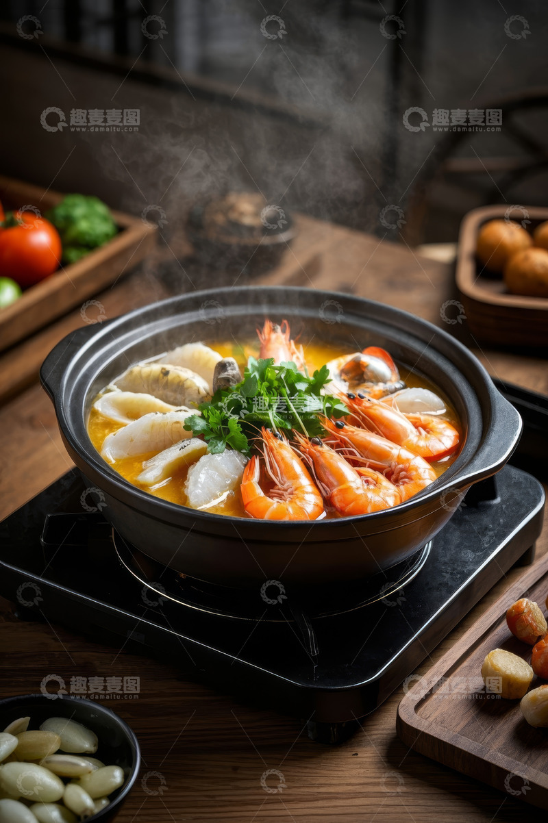 高清大图下载【趣麦麦图】桌上热气腾腾的海鲜火锅