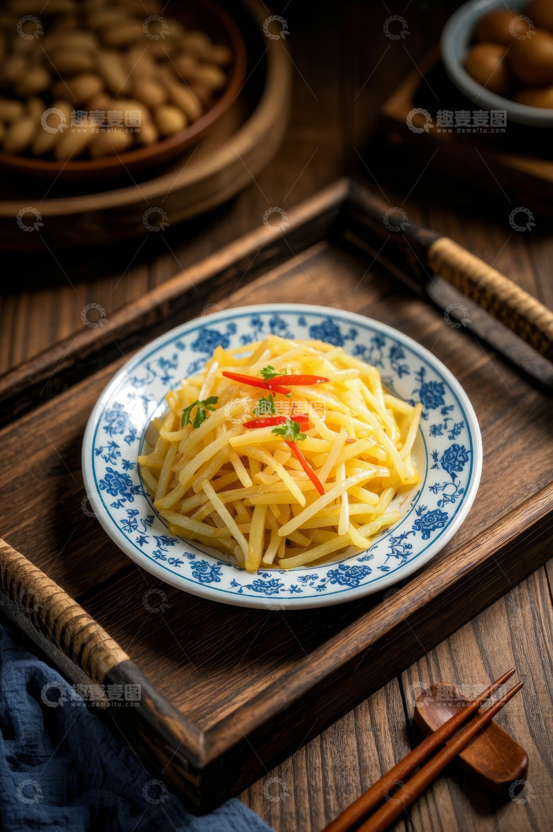 高清大图下载【趣麦麦图】蓝白瓷盘装炒土豆丝美食