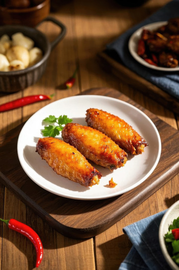 木桌上白色盘中的烤鸡翅