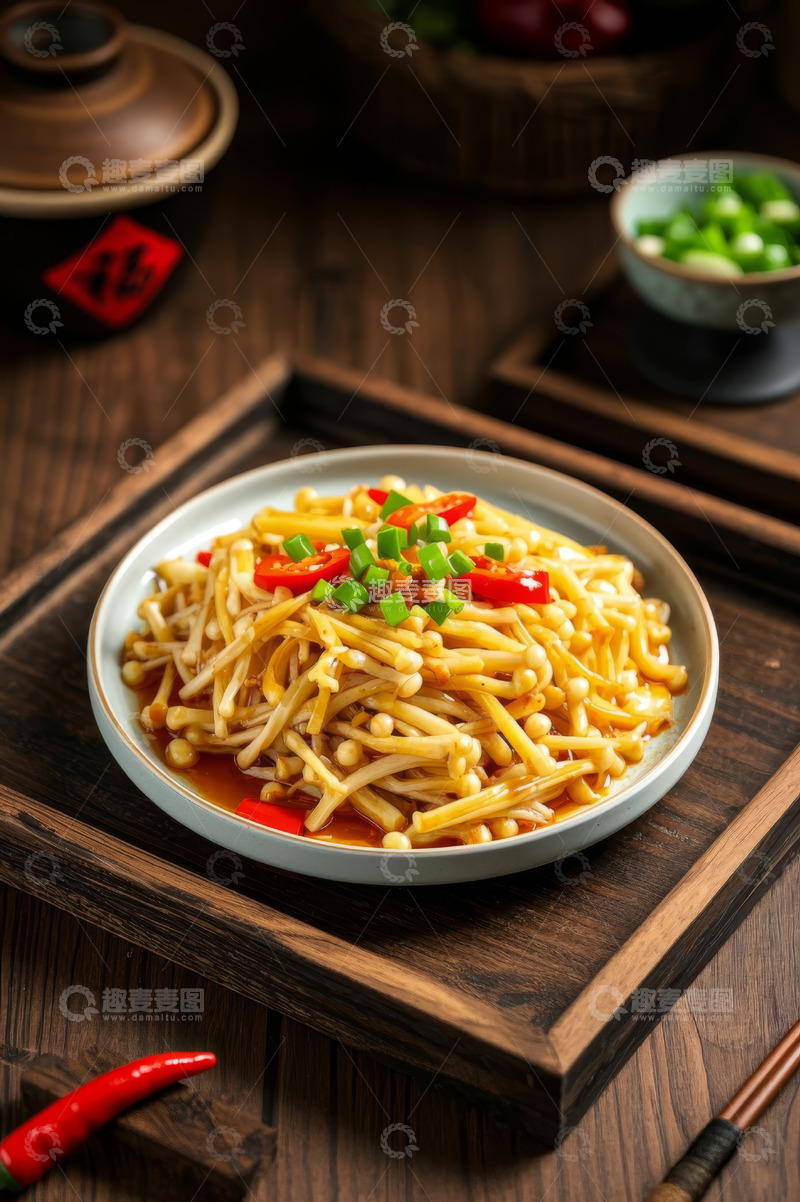 高清大图下载【趣麦麦图】木盘上的凉拌金针菇美食