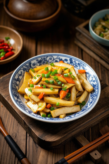 中式瓷盘装炒香干美食