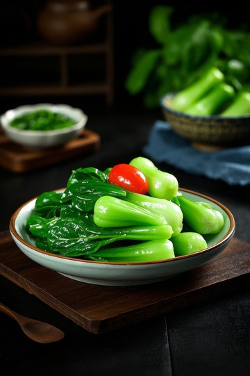 盘中鲜嫩青菜与番茄摆盘