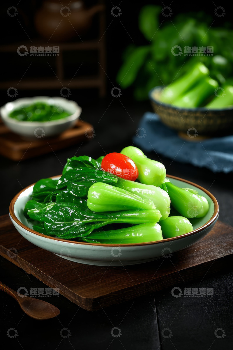 高清大图下载【趣麦麦图】盘中鲜嫩青菜与番茄摆盘