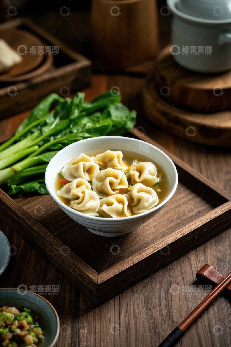 高清大图下载【趣麦麦图】木盘上的一碗美味馄饨