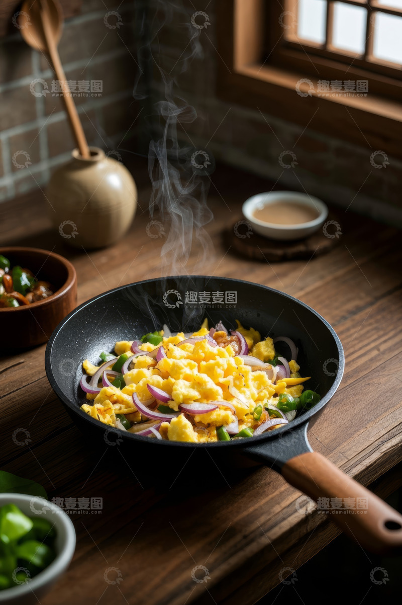 高清大图下载【趣麦麦图】厨房内锅中炒鸡蛋配洋葱青椒