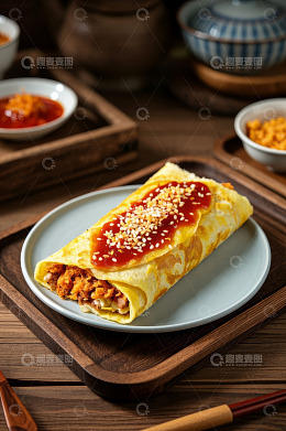 木桌上摆盘的美味卷饼