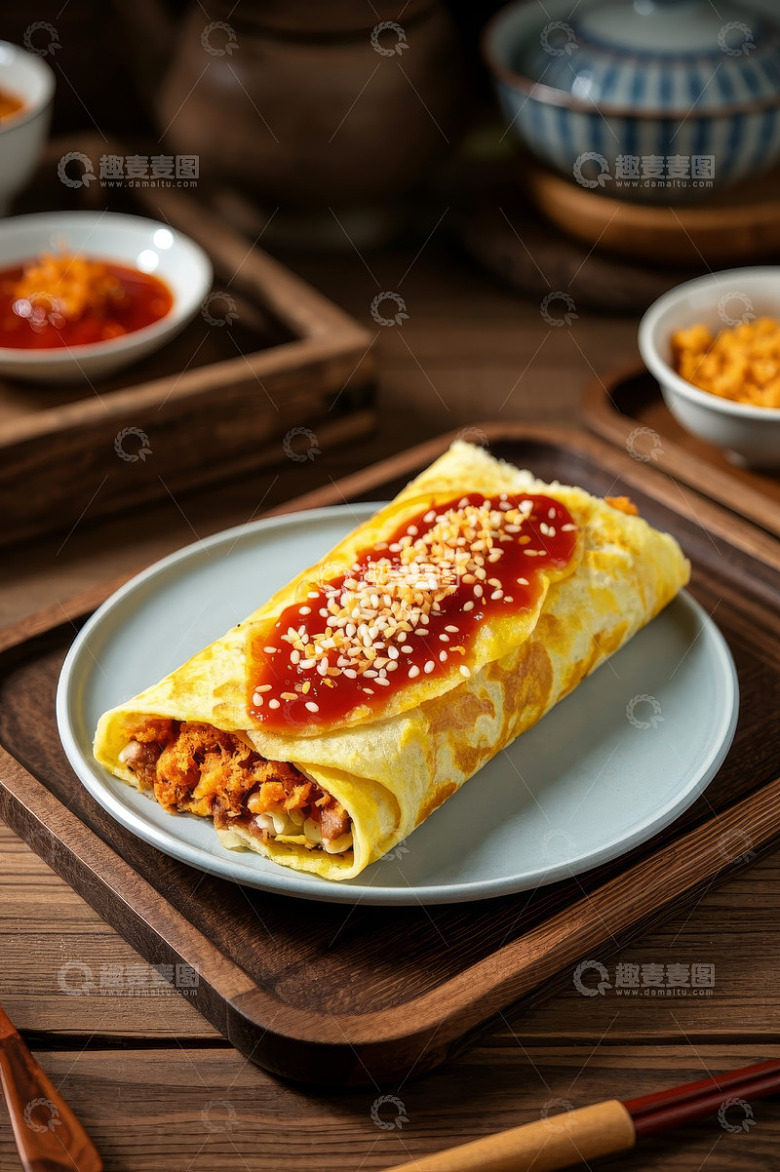 木桌上摆盘的美味卷饼