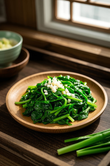 木盘装炒青菜配蒜末