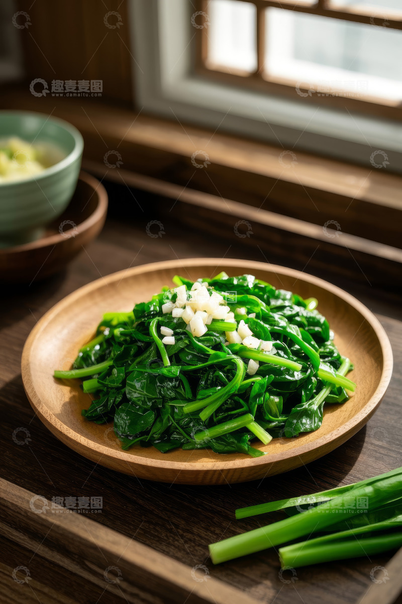 高清大图下载【趣麦麦图】木盘装炒青菜配蒜末
