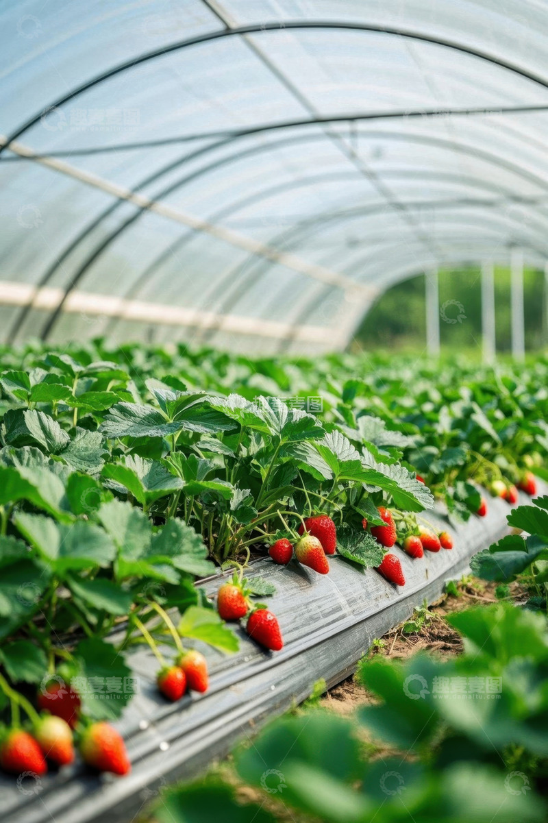 高清大图下载【趣麦麦图】温室大棚内的草莓种植景象