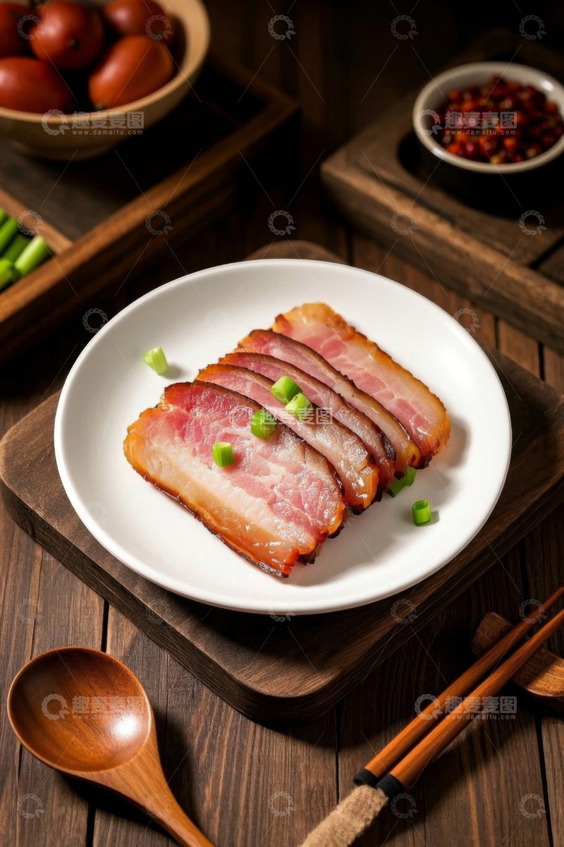 高清大图下载【趣麦麦图】木桌摆盘的切片腊肉美食