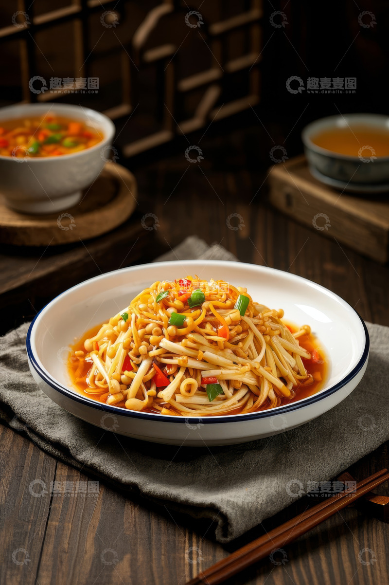 高清大图下载【趣麦麦图】中式餐桌上的凉拌金针菇