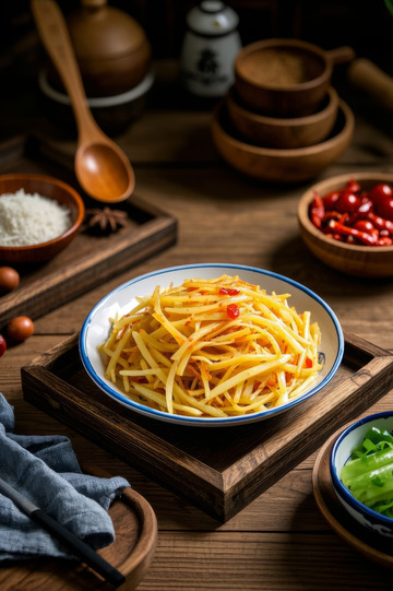 木盘盛放的美味炒土豆丝