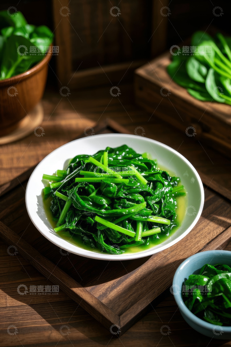 高清大图下载【趣麦麦图】木桌上盛有菠菜的白色瓷盘