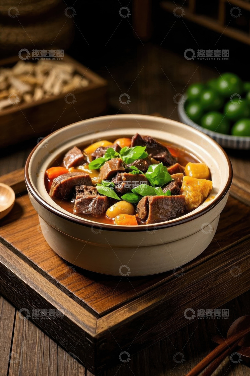 高清大图下载【趣麦麦图】砂锅中炖煮的美味牛肉菜肴