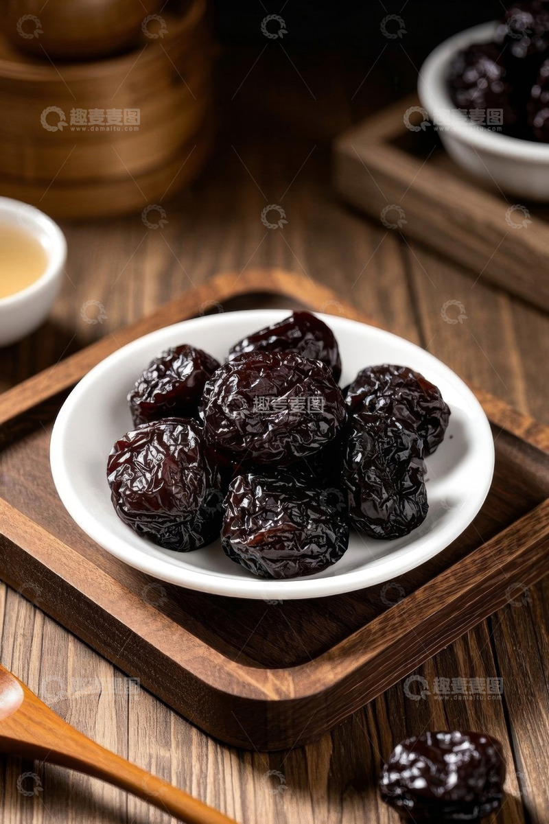 高清大图下载【趣麦麦图】木盘白碗中的黑枣美食素材