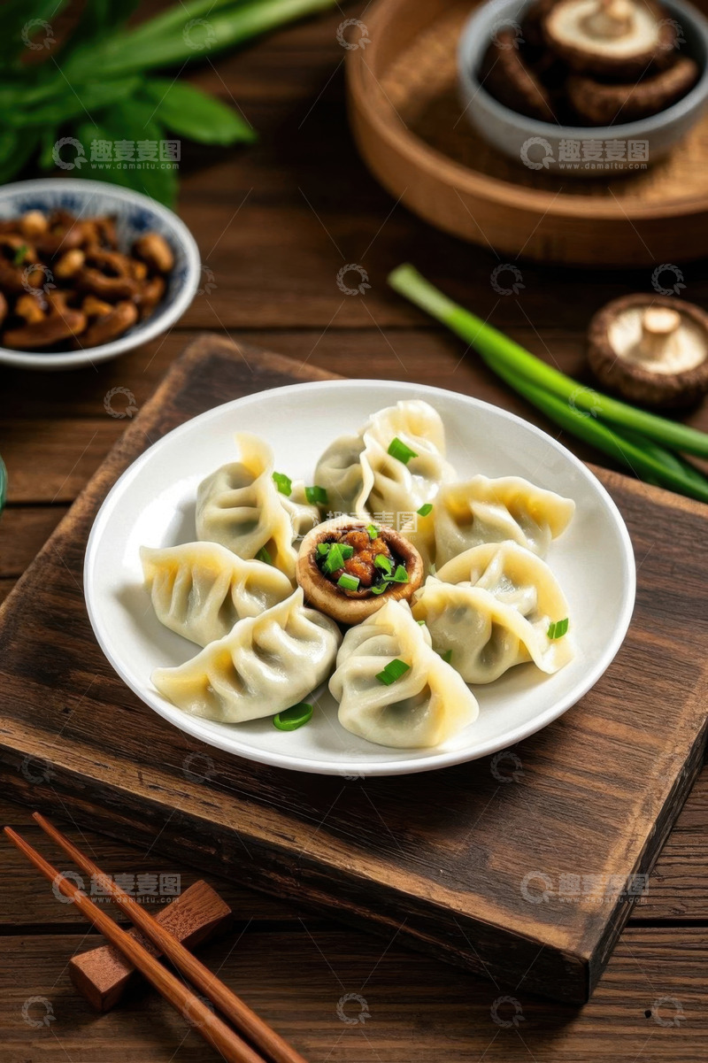 高清大图下载【趣麦麦图】木桌上摆放的美味饺子