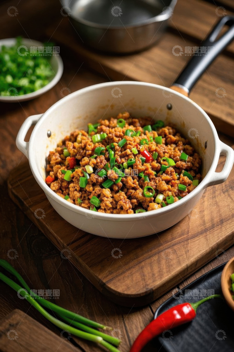 高清大图下载【趣麦麦图】木桌上碗装肉末葱花美食