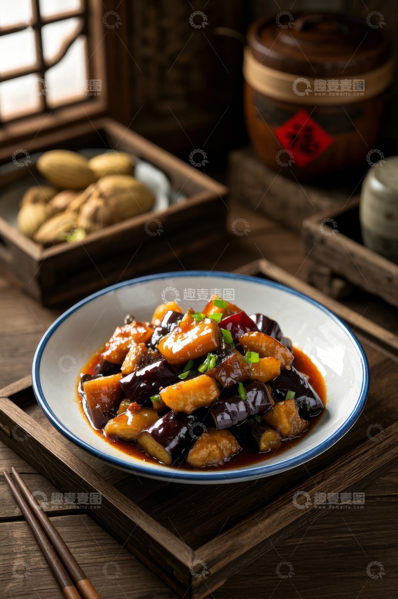 高清大图下载【趣麦麦图】中式木桌上的美味家常茄子