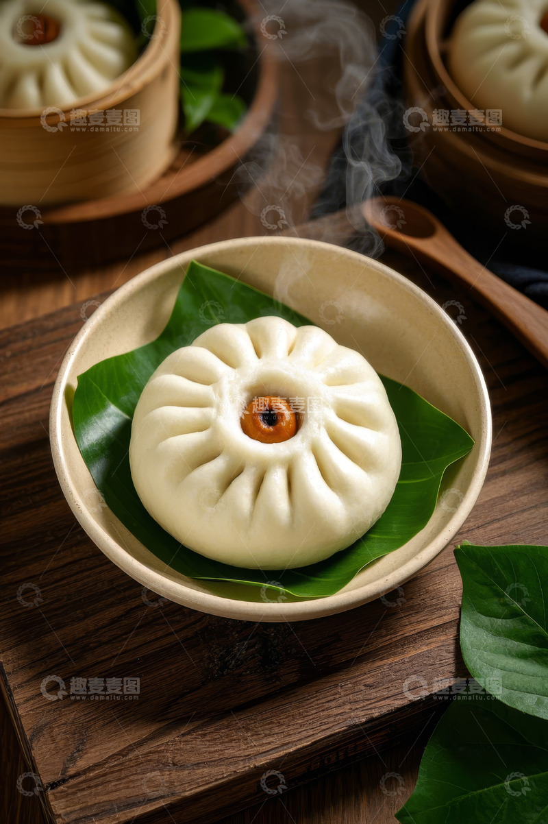 高清大图下载【趣麦麦图】木桌上摆放的热气腾腾包子