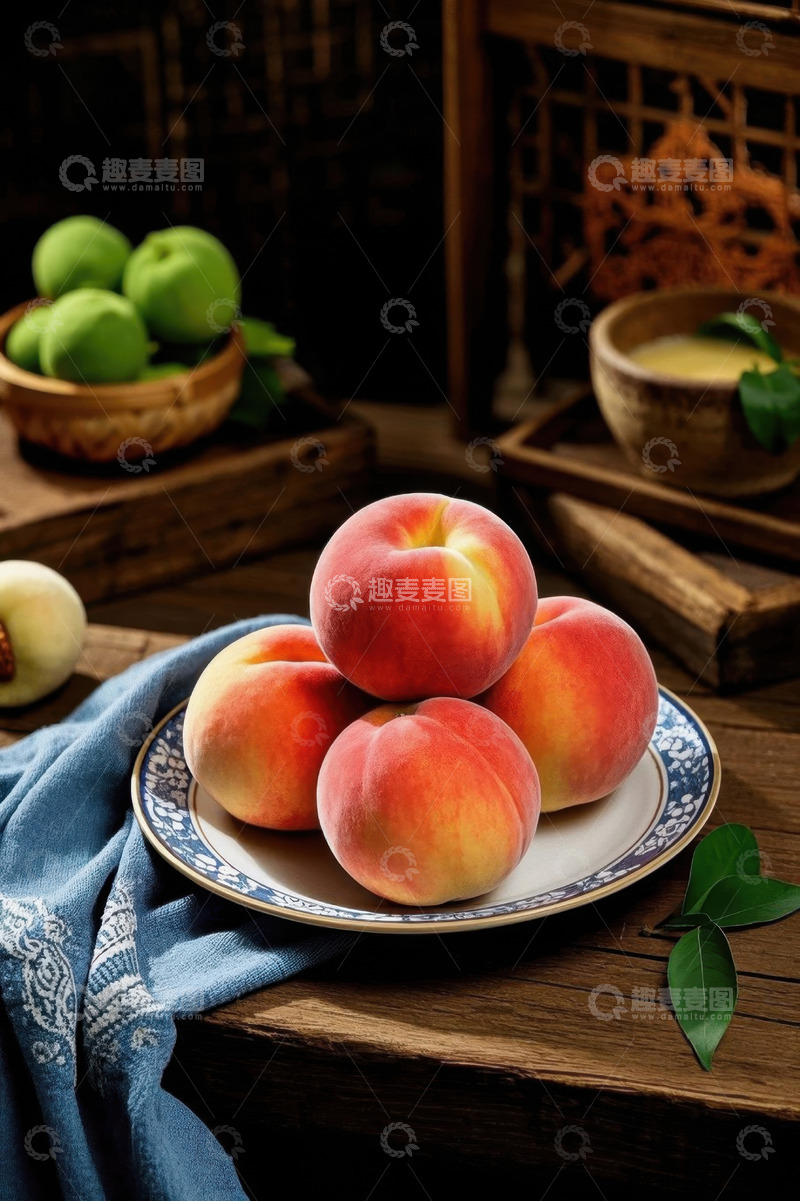 高清大图下载【趣麦麦图】中式木桌上摆放的新鲜水蜜桃
