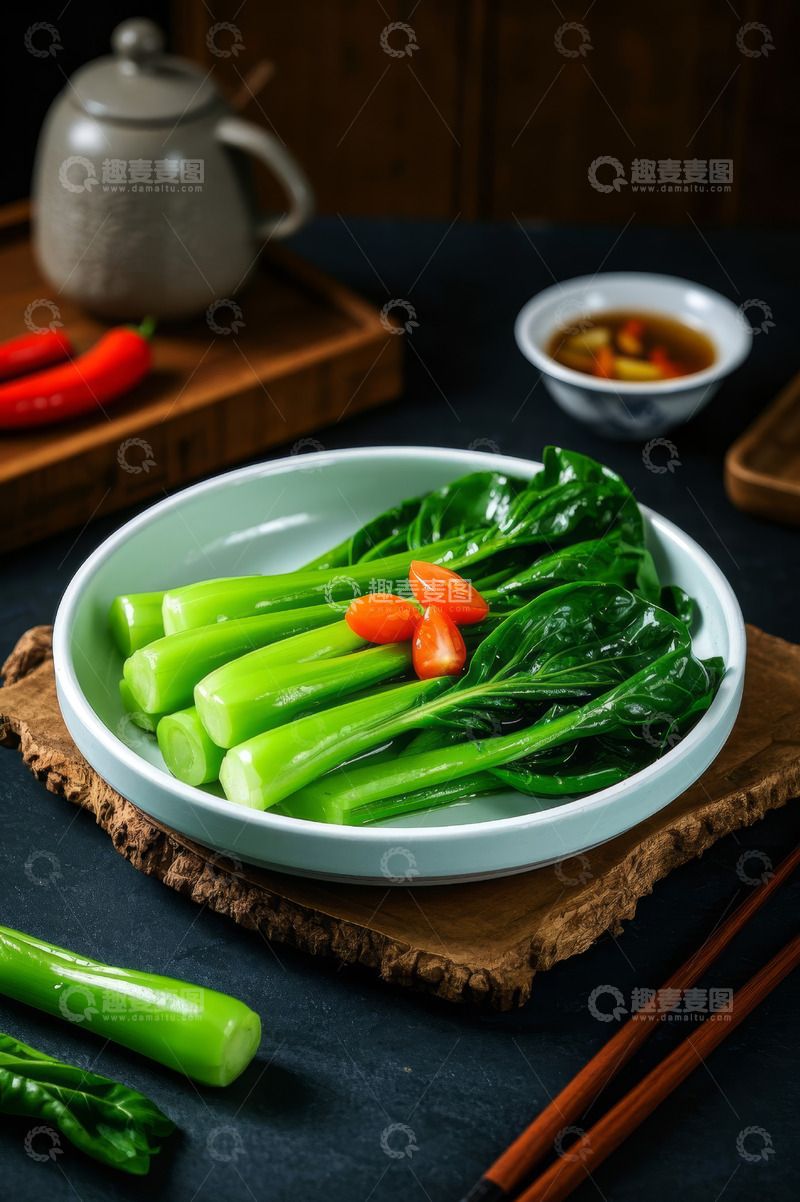 高清大图下载【趣麦麦图】盘中青菜配番茄及餐具