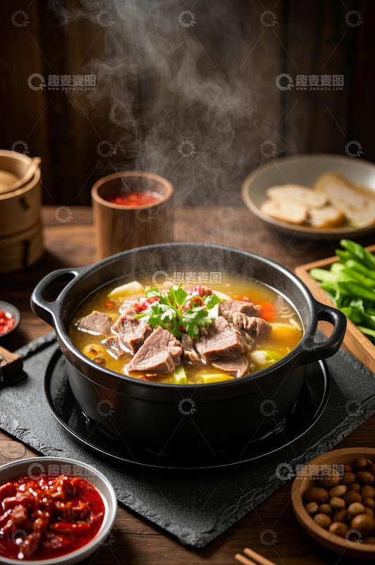 热气腾腾的牛肉火锅美食